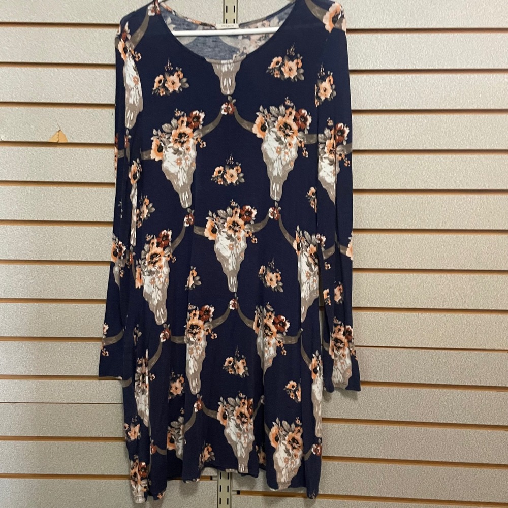 12PM by Mon Ami Navy Blue Long Sleeve Skull Floral‎ Dress Women's Size L Western